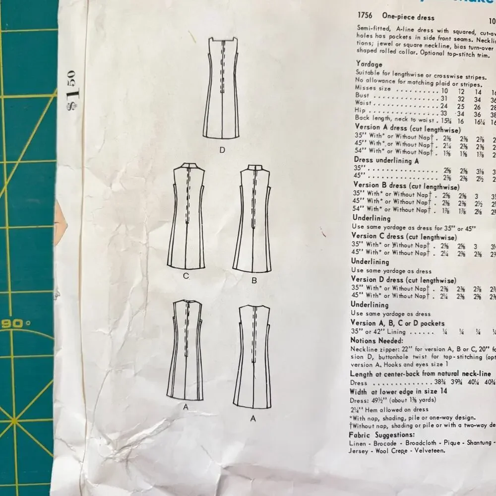 Vogue Easy To Make Basic Dress #1756 Size 16 Vintage Pattern 1960s Retro MCM